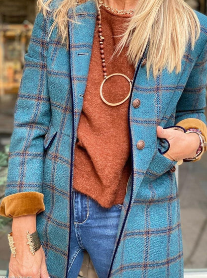 Fashion Plaid Print Button Coat Women