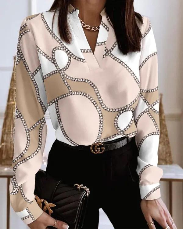 Xieyinshe - Chain Scarf Print Long Sleeve V-Neck Top