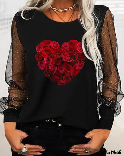 Xieyinshe - Valentine's Day Floral Heart Print Contrast Mesh Long Sleeve Top