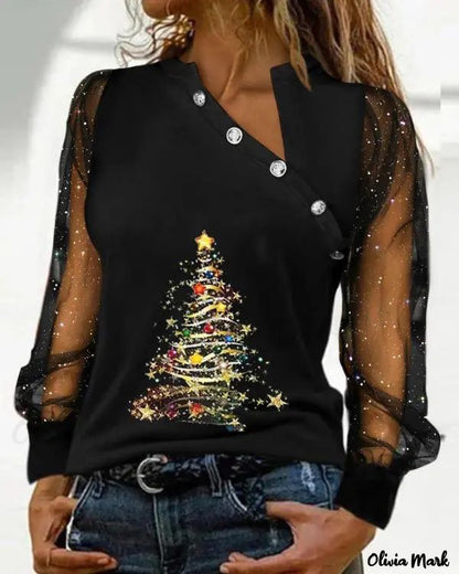 Xieyinshe - Christmas Tree Print Sheer Tulle Long Sleeve Top