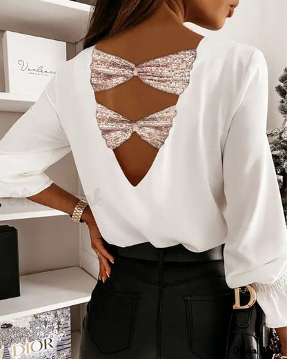 Xieyinshe - Long sleeve V-back top with bow tie and contrasting sequins