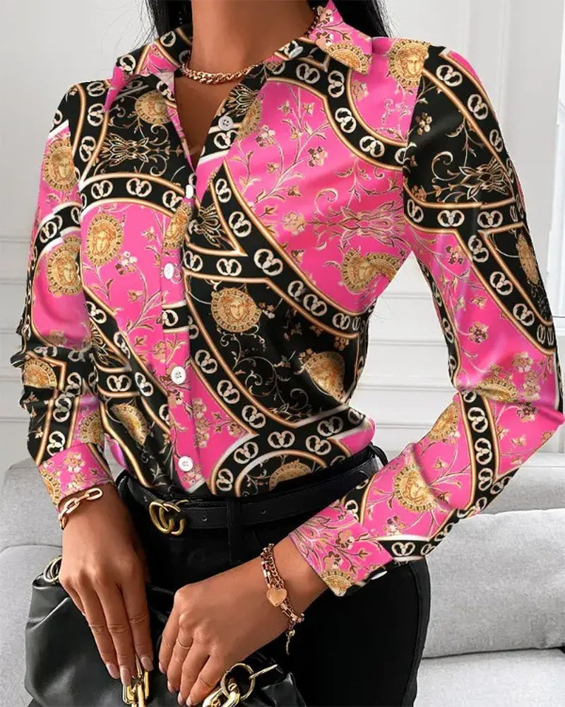 Xieyinshe - Baroque Print Button Down Long Sleeve Shirt