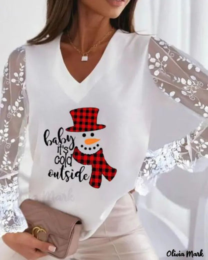 Xieyinshe - Christmas Snowman Print Contrast Lace Long Sleeve Top