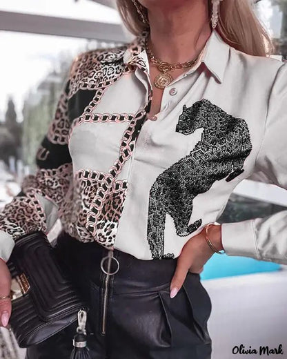 Xieyinshe - Cheetah Chain Print Colourblock Long Sleeve Shirt