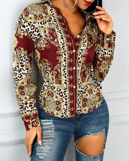 Xieyinshe - Baroque Cheetah Print Button-Down Long Sleeve Top