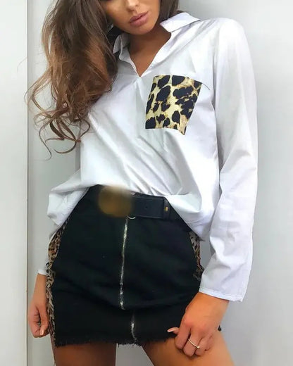 Xieyinshe - Leopard Print Color Block Long Sleeve Top