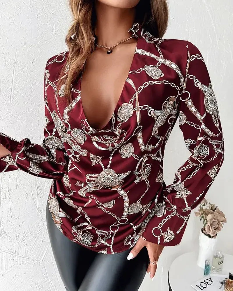 Xieyinshe - Baroque Print Cowl Neck Long Sleeve Top