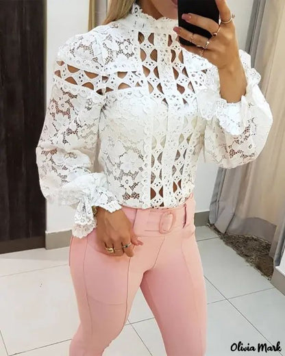 Xieyinshe - Hollow Out Long Sleeve Lace Top