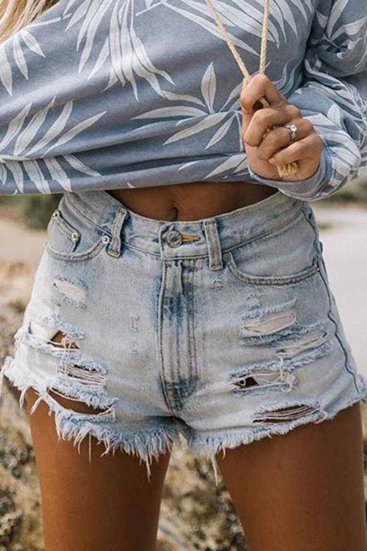 Xieyinshe  High Waist Ripped Fringed Denim Shorts