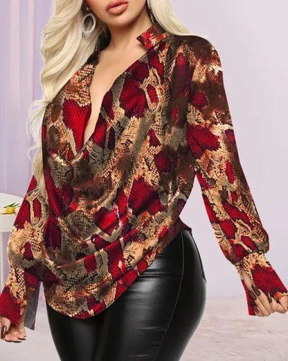 Xieyinshe - Snakeskin Print Cowl Neck Long Sleeve Top