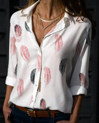 Xieyinshe - Feather Print Long Sleeve Button Down Shirt