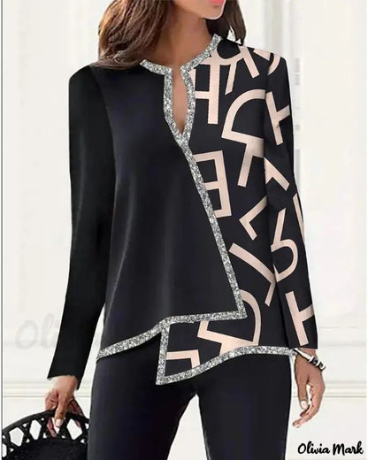 Xieyinshe - Asymmetric Letter Print Long Sleeve Top