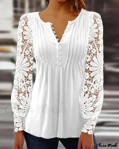 Xieyinshe - Contrast Lace Button-Down Long Sleeve Top