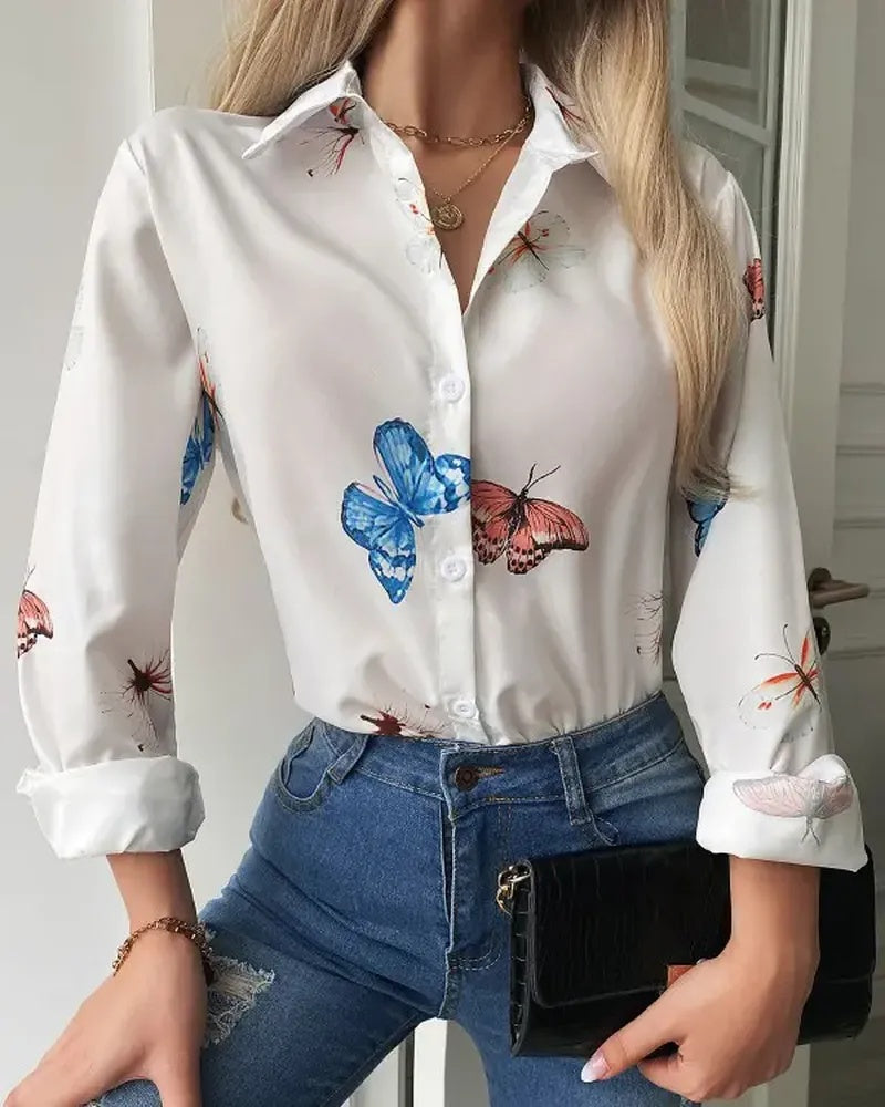 Xieyinshe - Butterfly Print Long Sleeve Button Up Top