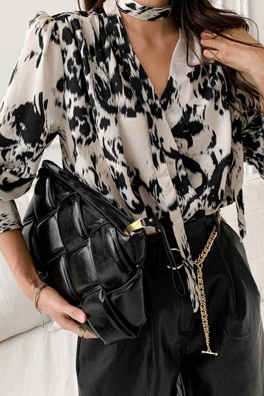 Wind Deep V-Neck Shirt Puff Sleeve Leopard Print Tops