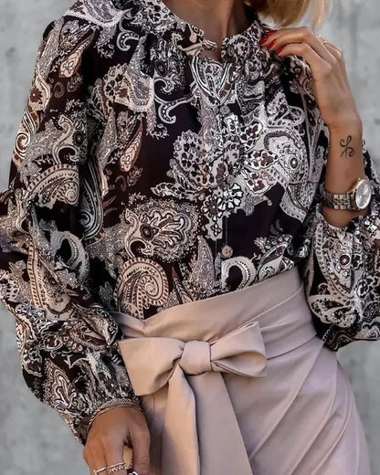 Xieyinshe - Paisley Print Button-Down Long Sleeve Top