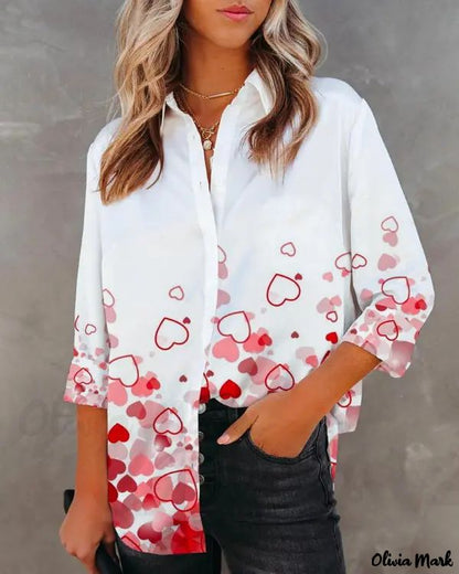 Xieyinshe - Valentine Heart Print Long Sleeve Button Down Shirt