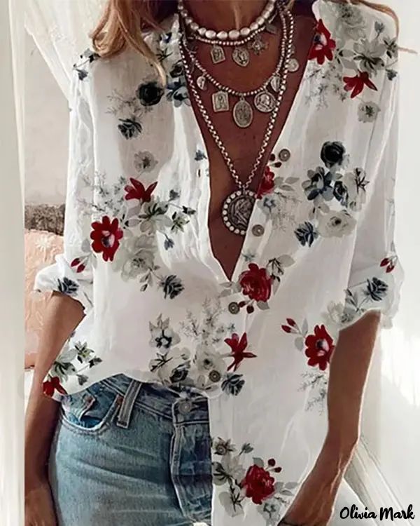 Xieyinshe - Floral Print Long Sleeve Button Down Shirt