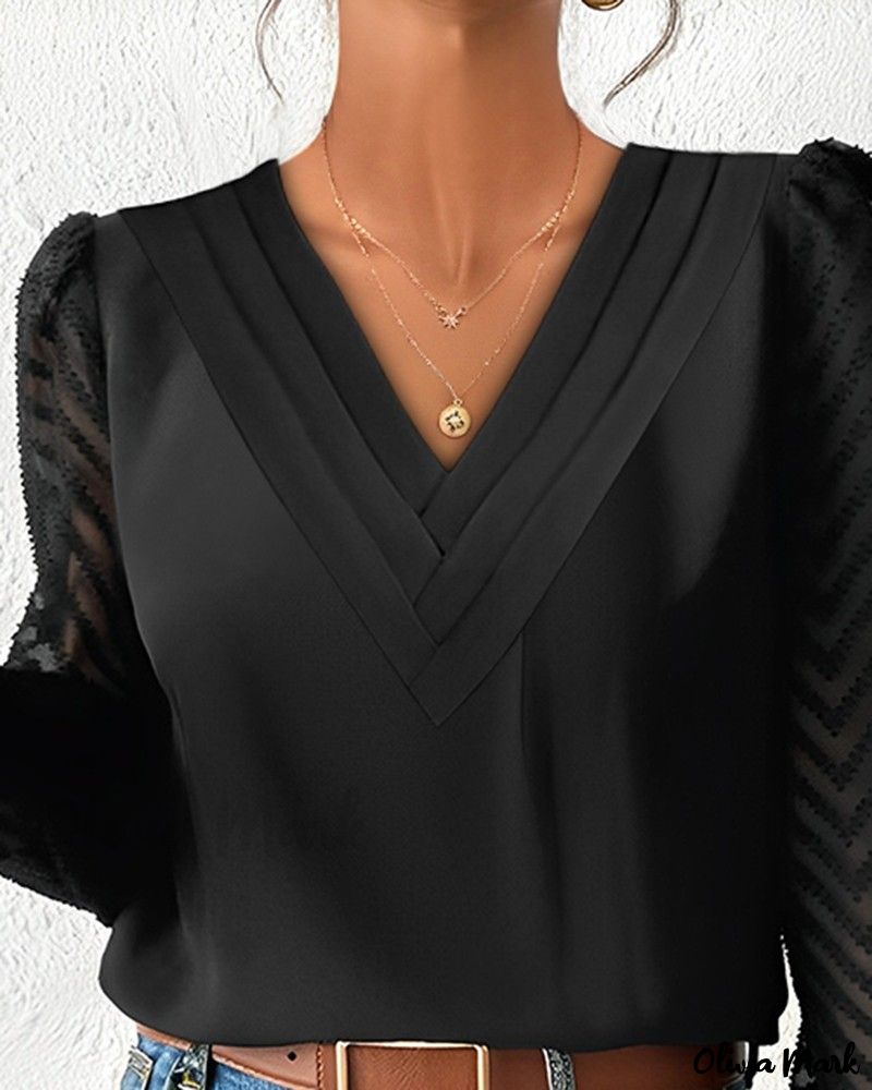 Xieyinshe - Contemporary Sheer Mesh Long Sleeve Top with Chevron Pattern