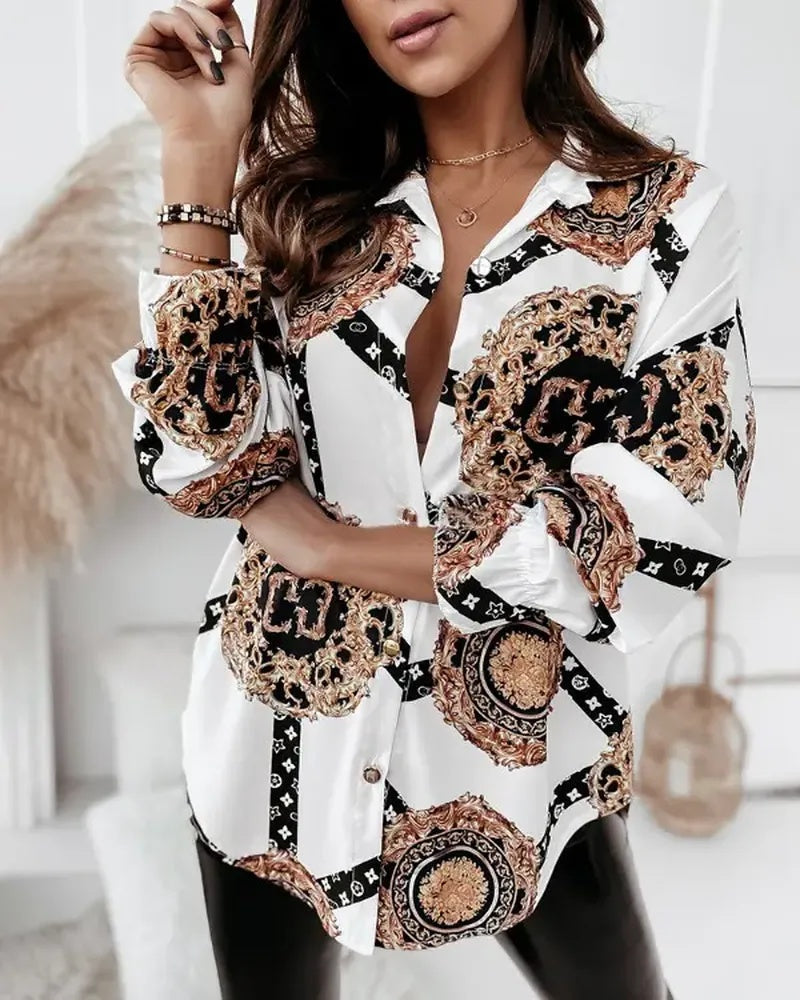 Xieyinshe - Baroque Print Button Down Long Sleeve Shirt