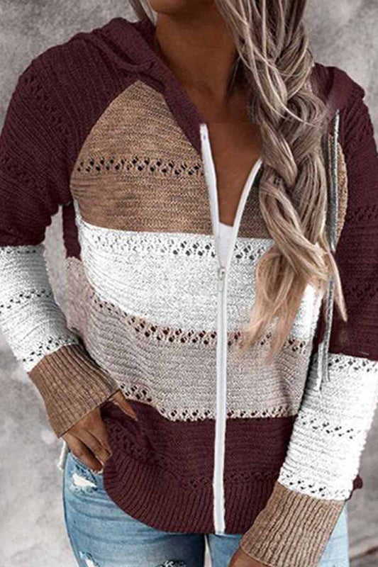 Xieyinshe Xieyinshe Contrast Color Knitted Zipper Lightweight Hoodie