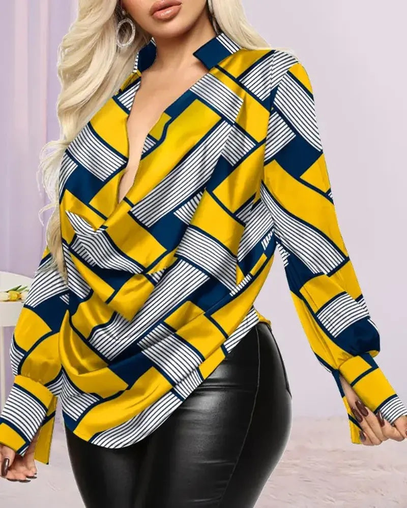 Xieyinshe - Geometric Print Cowl Neck Long Sleeve Top