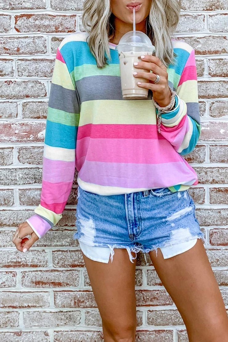 Xieyinshe Xieyinshe Rainbow Striped Multicolor Thin Tops(5 Colors)