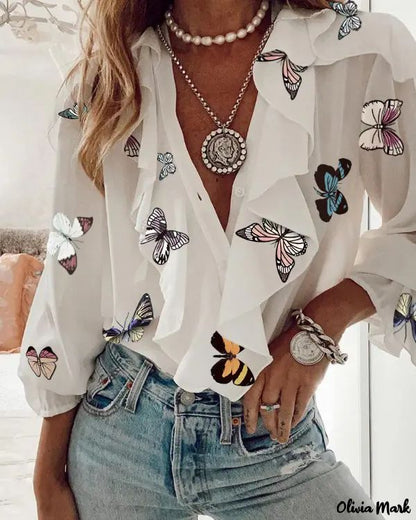 Xieyinshe - Ruffled Butterfly Print Long Sleeve Top