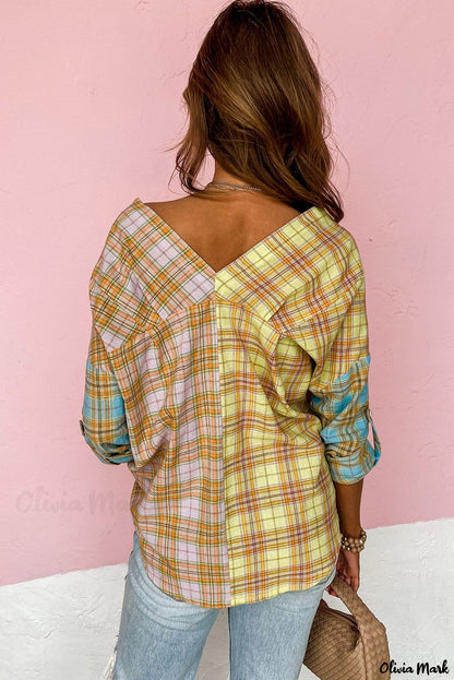 Xieyinshe - Long Sleeve V Neck Buttoned Plaid Shirt