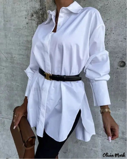 Xieyinshe - Split Hem Long Sleeve Button Down Shirt