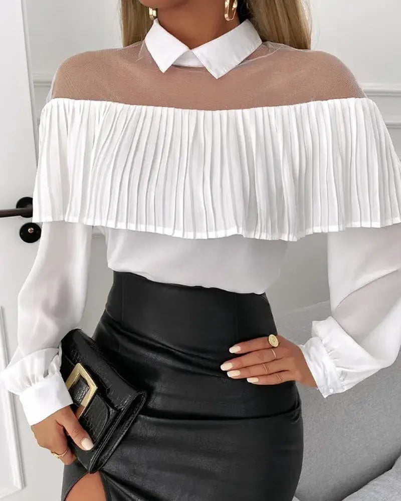 Xieyinshe - Sheer Mesh Ruffle Hem Long Sleeve Top