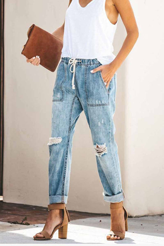 Xieyinshe Xieyinshe Loose Drawstring Blue Jeans