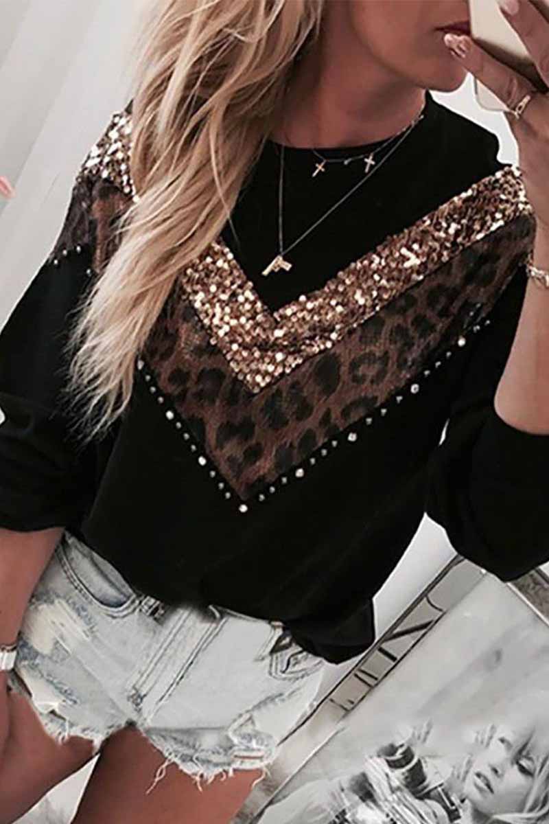 Xieyinshe Xieyinshe Leopard Sequin O-Neck Top