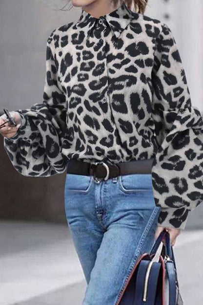 Loose Leopard Print Shirt Collar Long Sleeves Tops