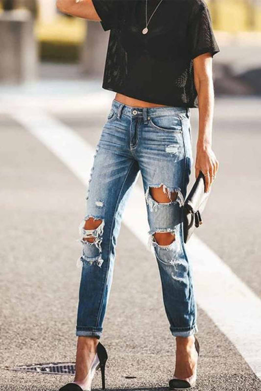 Xieyinshe Xieyinshe Regular Blue Ripped Jeans