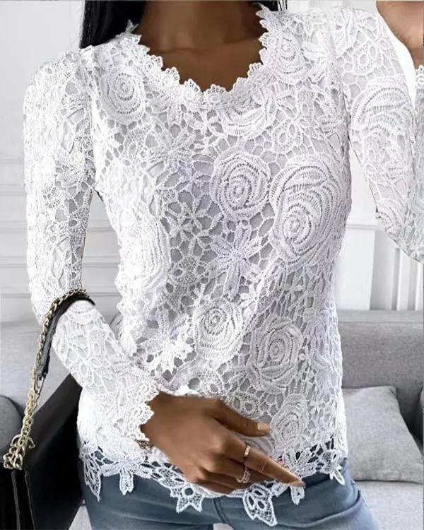 Xieyinshe - Plain lace top with long sleeves