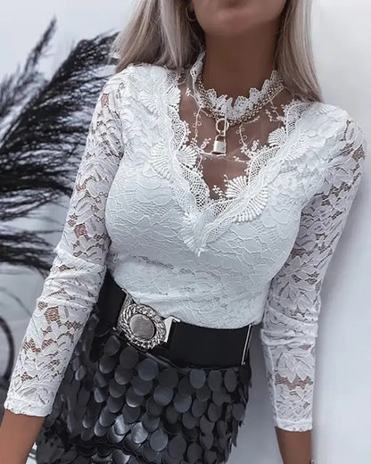 Xieyinshe - Crochet Lace Long Sleeve Sheer Mesh Top