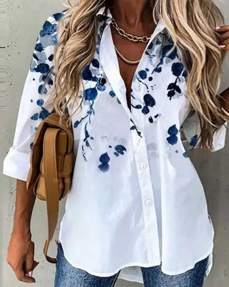 Xieyinshe - Floral Print Long Sleeve Button Down Shirt