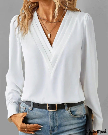 Xieyinshe - V-Neck Long Sleeve Ruched Blouse