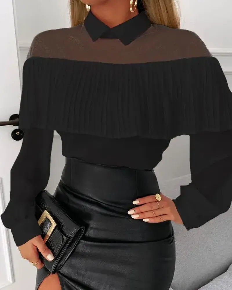 Xieyinshe - Sheer Mesh Ruffle Hem Long Sleeve Top