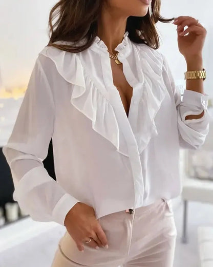 Xieyinshe - Ruffled Long Sleeve Button Up Top