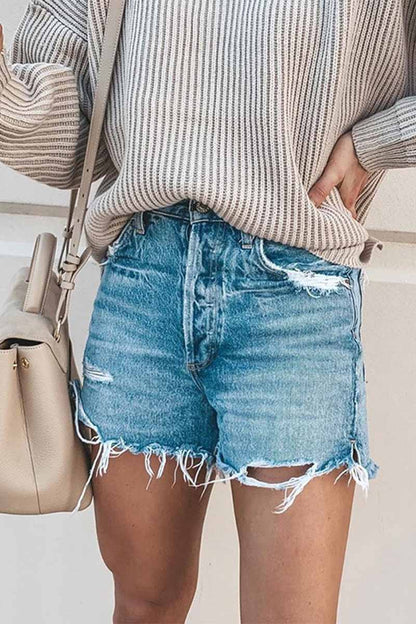 Xieyinshe  Summer Loose Button Ripped Fringed Denim Shorts