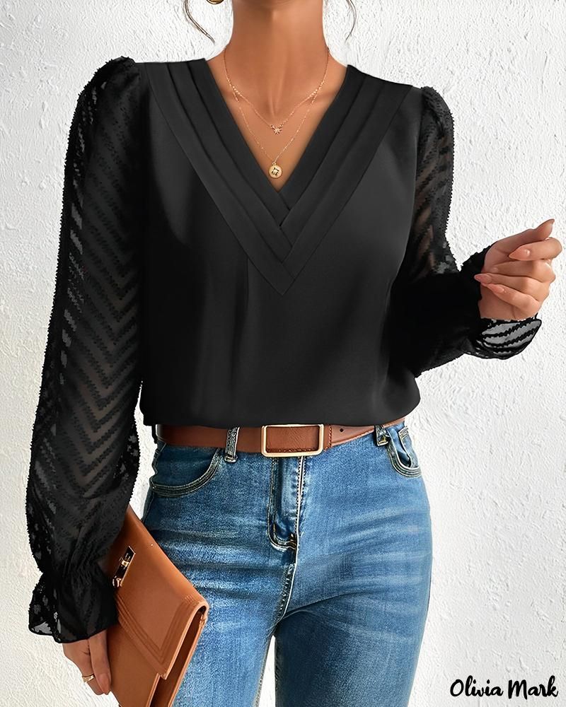 Xieyinshe - Contemporary Sheer Mesh Long Sleeve Top with Chevron Pattern