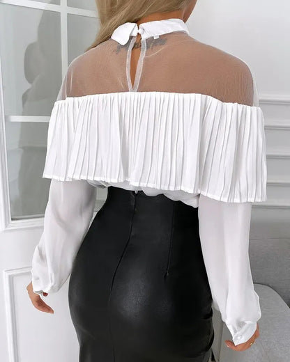 Xieyinshe - Sheer Mesh Ruffle Hem Long Sleeve Top