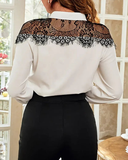 Xieyinshe - Long sleeve button up top with fringed lace patch