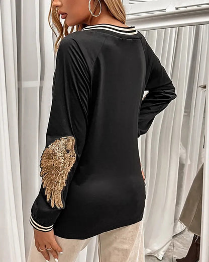 Xieyinshe - Sequin Wings Long Sleeve V-Neck Top