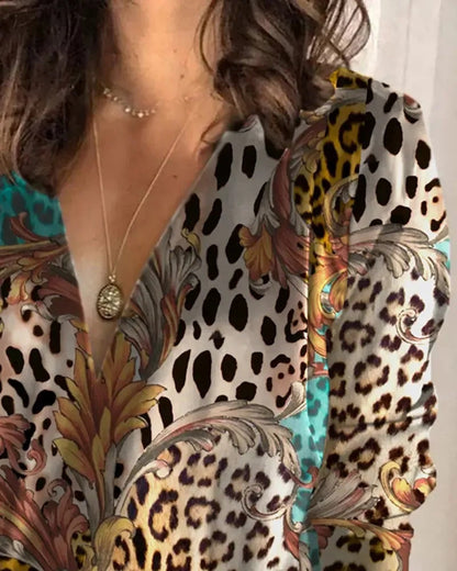 Xieyinshe - Floral Cheetah Print Long Sleeve V-Neck Top
