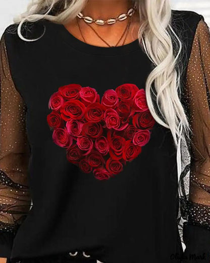 Xieyinshe - Valentine's Day Floral Heart Print Contrast Mesh Long Sleeve Top