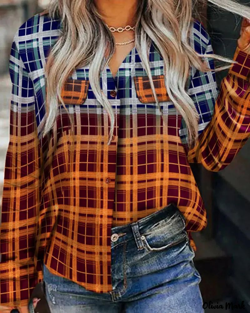 Xieyinshe - Plaid Print Long Sleeve Button-Up Shirt