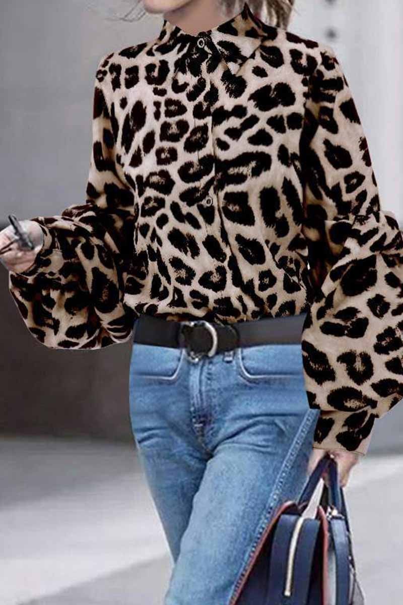 Loose Leopard Print Shirt Collar Long Sleeves Tops